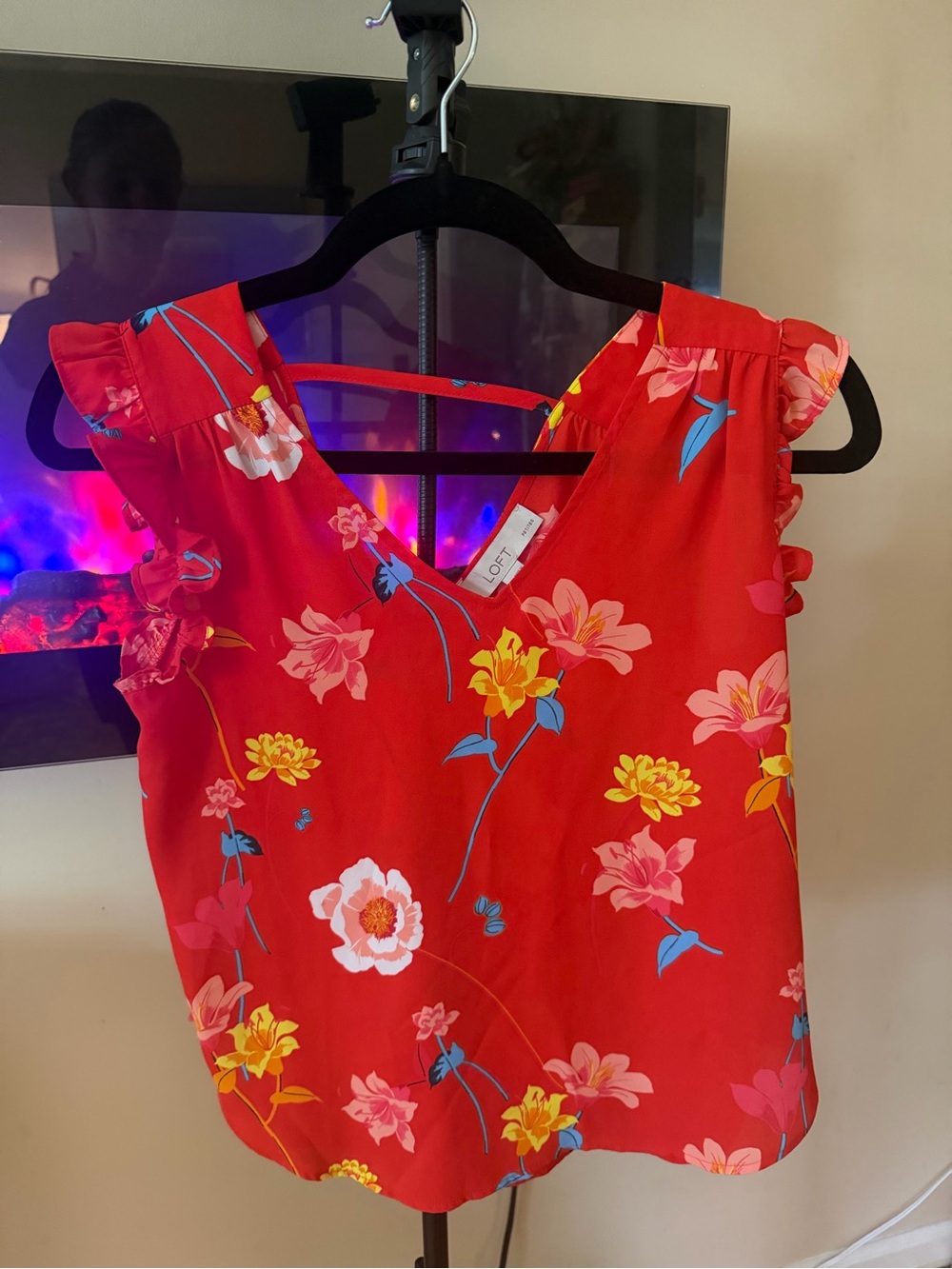 LOFT Bright Red Floral Ruffle Sleeve Blouse